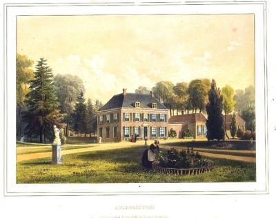 A. Wijnantz, kleurenlitho van huis Angerenstein, ca. 1850. Nieuw zijn de aanbouw en 'oranjerie'. Op de voorgrond een bloemperk, een zogenaamd bloemmandje.